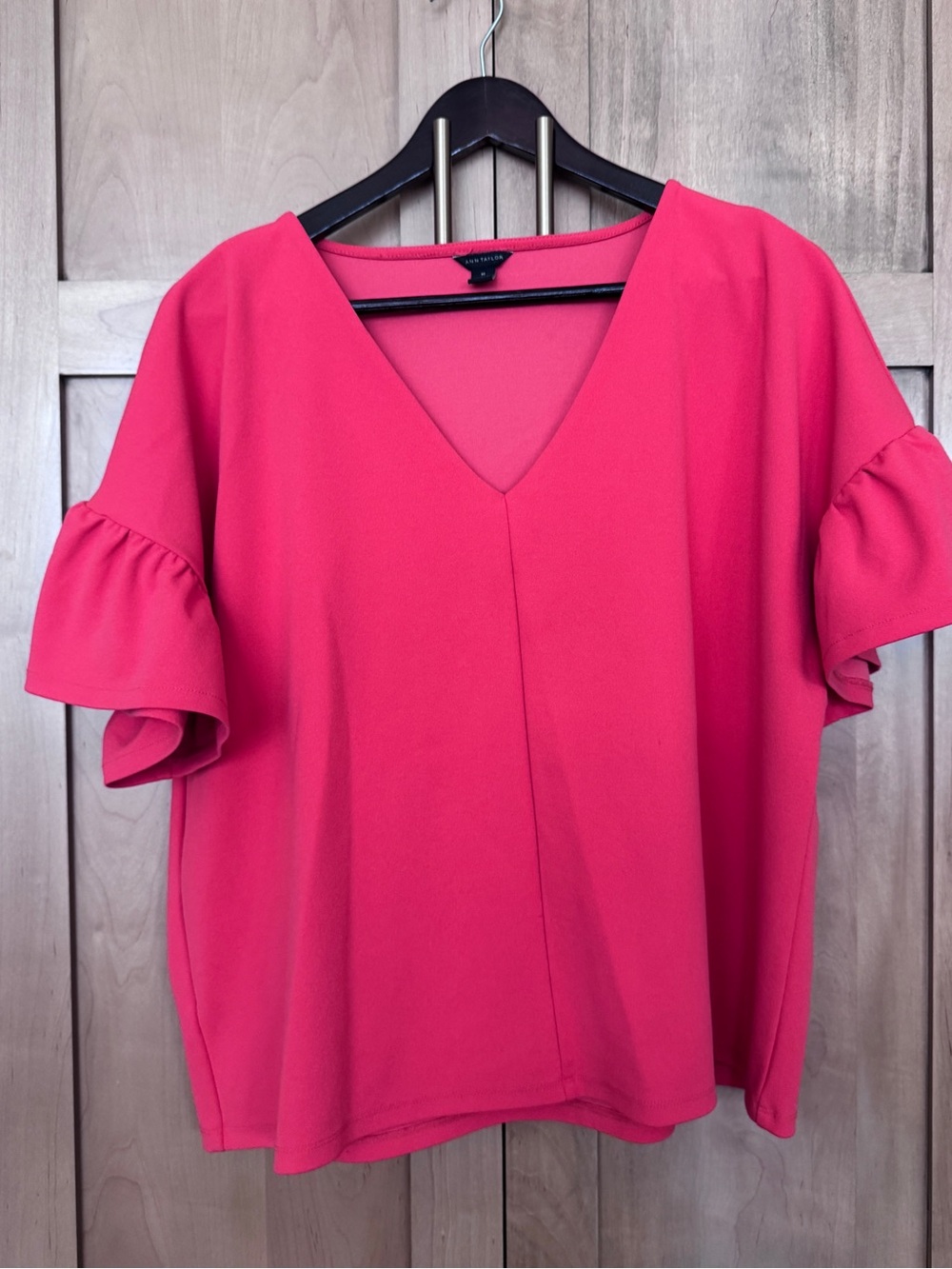Ann Taylor V-Neck Ruffle Sleeve Blouse - Bright Pink